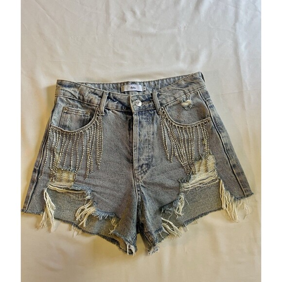 Adika Pants - Adika Rhinestone Fringe Denim Shorts Sz S Distressed Festival Disco Cowgirl 27
